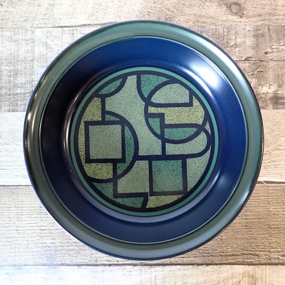 Vintage Noritake Primastone BAY ROC Vegetable Serving Bowl Blue Stoneware Bowl with Green Modern Geometric Design Circles and Squares
