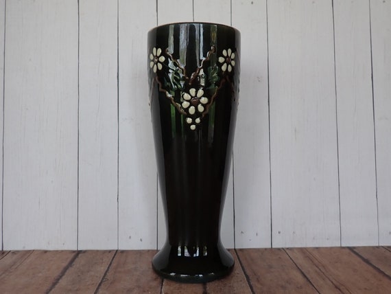 Vintage Rothenburger Keramik Black Pottery Vase with White Red Green Flower Floral Design K. Ehler Germany