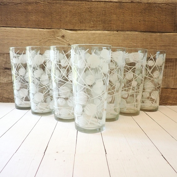 Vintage Clear Mid Century Glass Tumblers Set of 8 with Modern Olive and Toothpick Design Retro Mod Barware