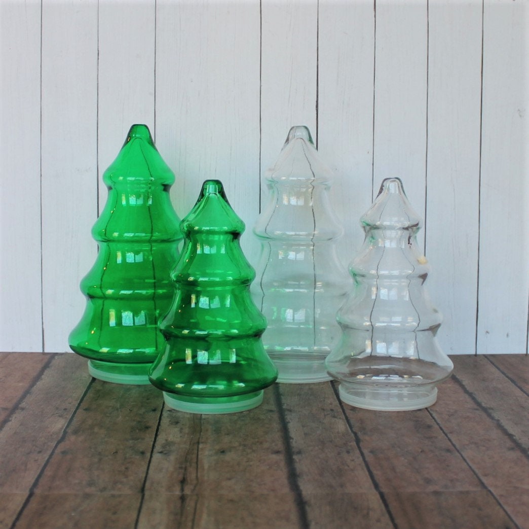 Vintage Clear and Green Glass Christmas Tree Canister Jar Container