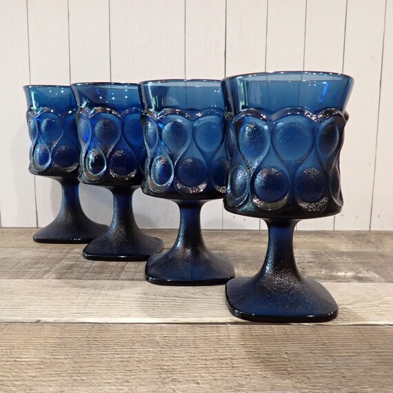 Vintage Noritake SPOTLIGHT Blue 6" Water Goblet Set of 4 Mid Century Dot Design Wine Glass
