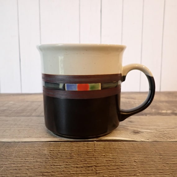 Vintage Otagiri HORIZON Mug Ceramic Stoneware Black and White with Colored Stripe