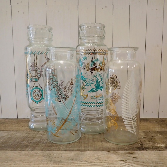 Vintage Clear Glass Bottle Vase Set of 4 with Gold and Blue Turquoise Flower Bird Leaf Clock Designs Mismatched Set