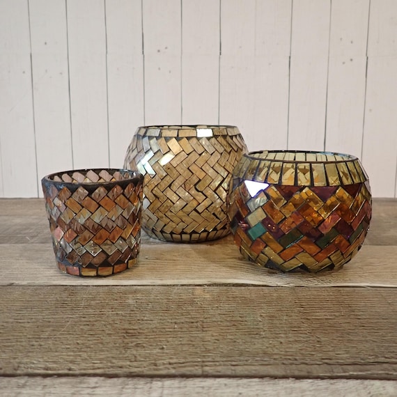 Vintage Glass Mosaic Candle Holder Set of 3 Amber Yellow Brown Votive or Tealight Candle Holder