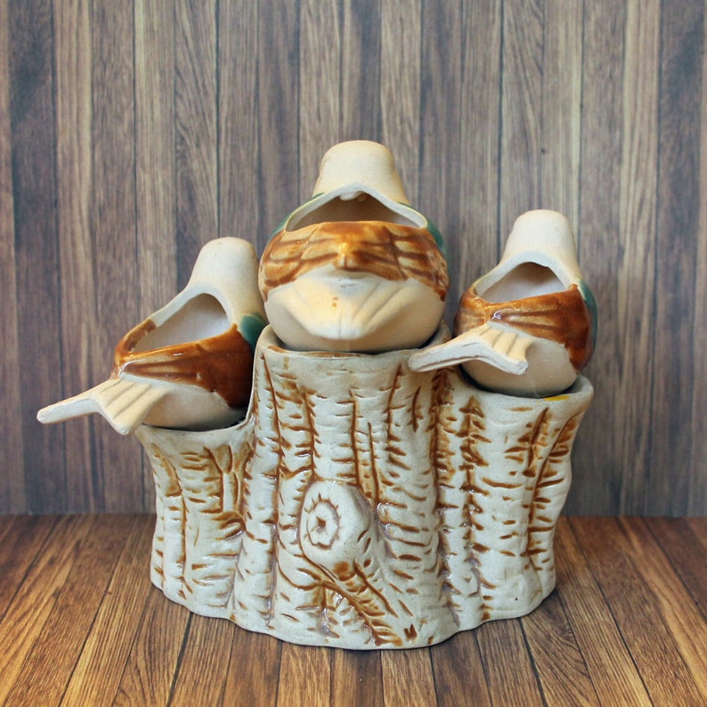 Vintage Stoneware Bird on Tree Branch Figurine Candle Holder with Three Birds and Ceramic Tree White Brown Blue Free Shipping