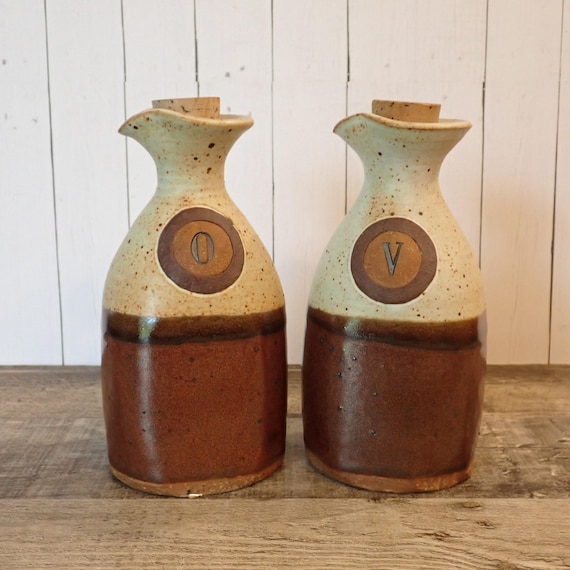 Vintage Pottery Cruet Set Oil and Vinegar Ceramic Bottle Set with Stoppers