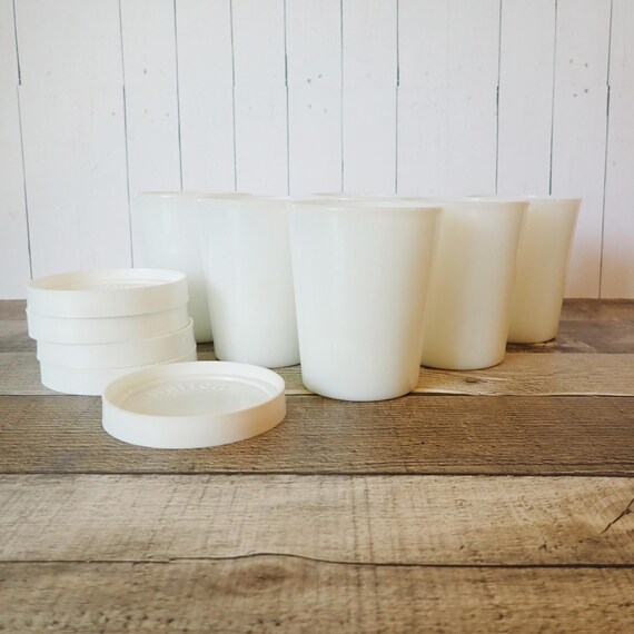 Vintage White Milk Glass Jelly Jar Juice Glasses Set of 6 Salton Yogurt Jars with 5 Lids