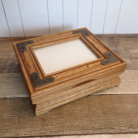 Vintage Wood Jewelry Trinket Box with Photo Opening and Metal Corner Accents