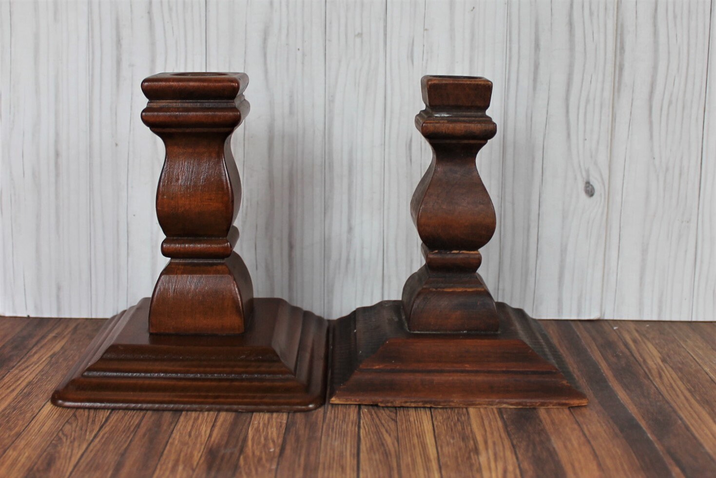 Vintage Wood Candlestick Set f 4 Wooden Candle Holder with Square Bases