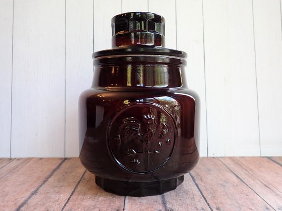 Vintage Wheaton Red Glass Canister with Lid Rooster Design Kitchen Storage Flour Sugar Container