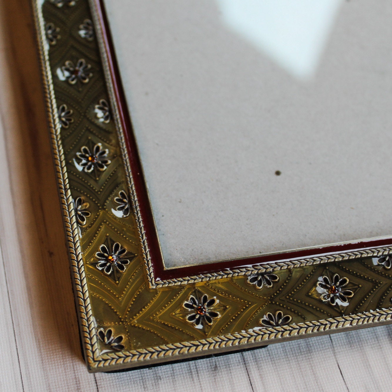 Vintage Metal and Enamel Photo 5x7 Picture Frame Green and Gold Floral