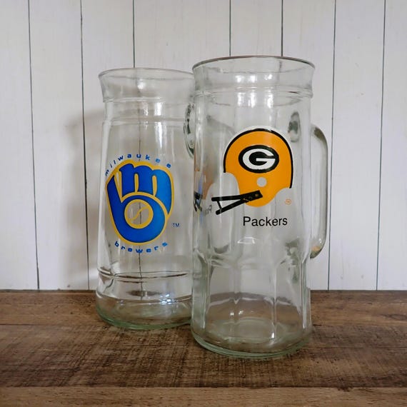 Vintage Milwaukee Brewers Baseball and Green Bay Packers Football Clear Glass Beer Stein Mug Set of 2 MLB NFL