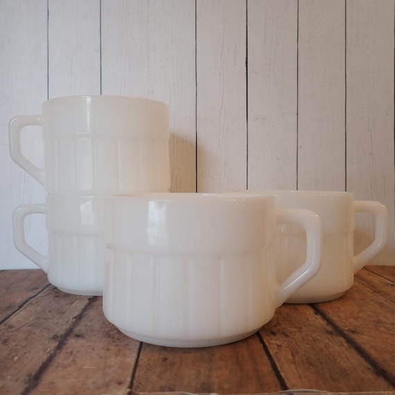 Vintage Federal Glass White Milk Glass Mug Coffee Cup Set of 4 Mugs with Ribbed Design