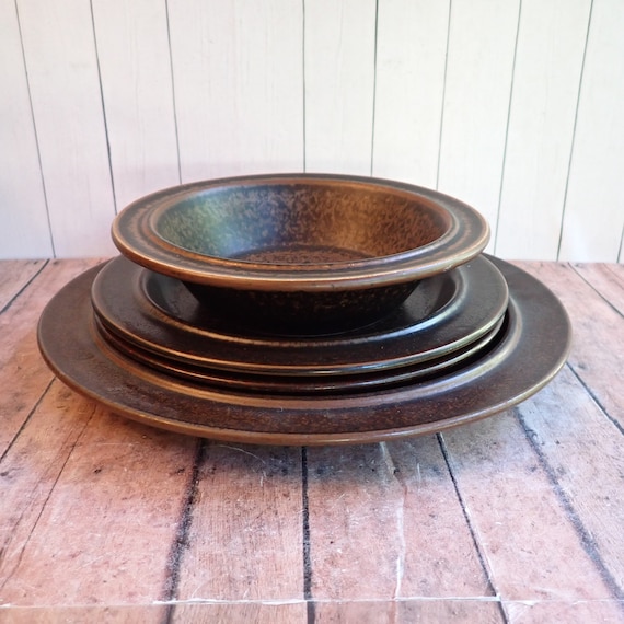 Vintage Arabia of Finland RUSKA Dinner Plate Salad Plate Cereal Bowl Set of 4 Brown Stoneware