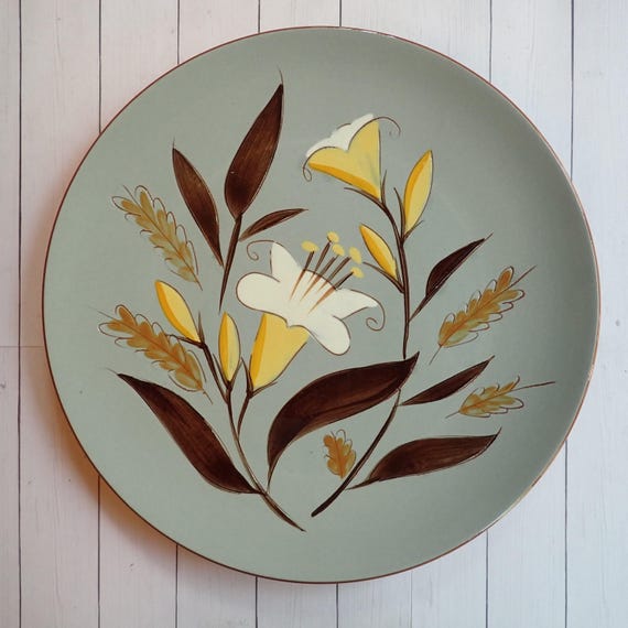 Vintage Stangl 11" Dinner Plate Blue Yellow and Brown Pottery Plate with Flower Design