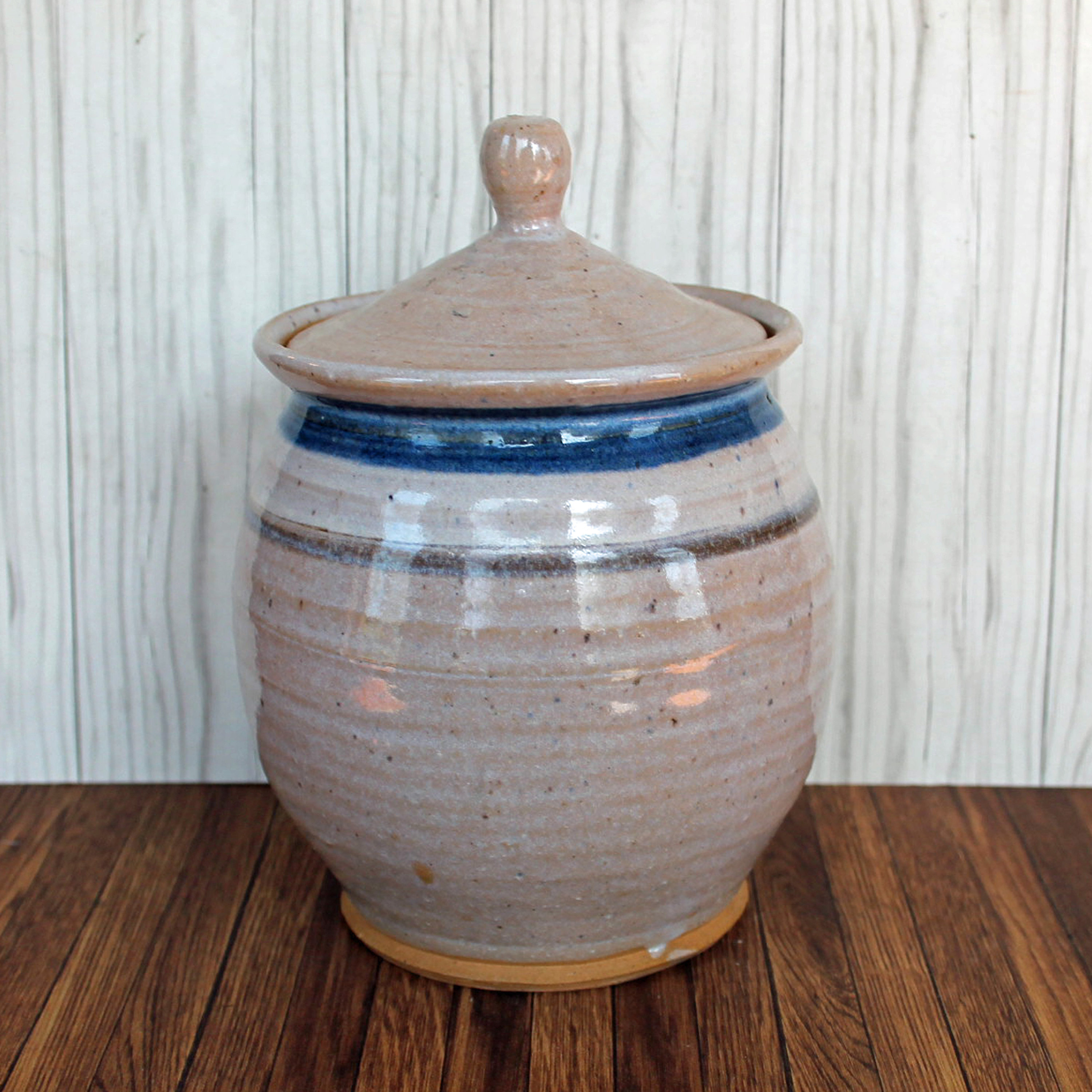 Vintage Dakota Stoneware Honey Pot Jar with Lid Grey Blue White Ceramic