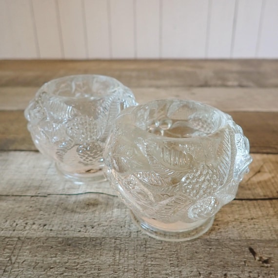 Vintage Vetreria Christmas Clear Glass Votive Candle Holder Set of 2 with Holly and Pinecone Design by Royal Limited Italy