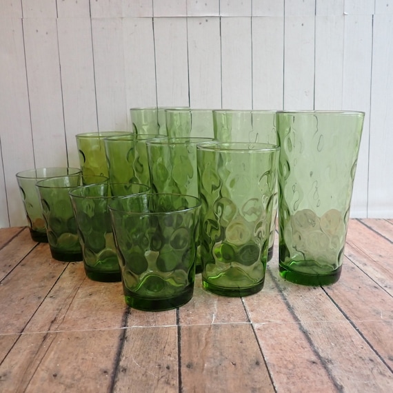 Vintage Hazel Atlas ELDORADO GREEN Tumbler Set of 12 Cooler Tumbler Old Fashioned Juice Glasses Circle Dot Pattern