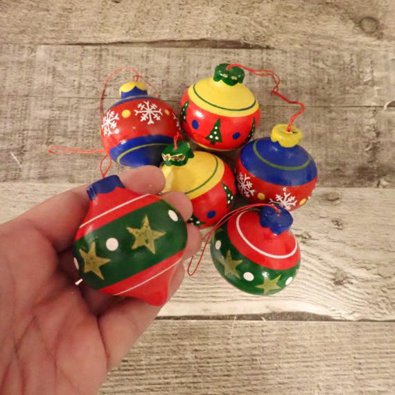 Vintage Wooden Christmas Tree Ornaments Set of 6 Wooden Bauble Shaped Ornaments