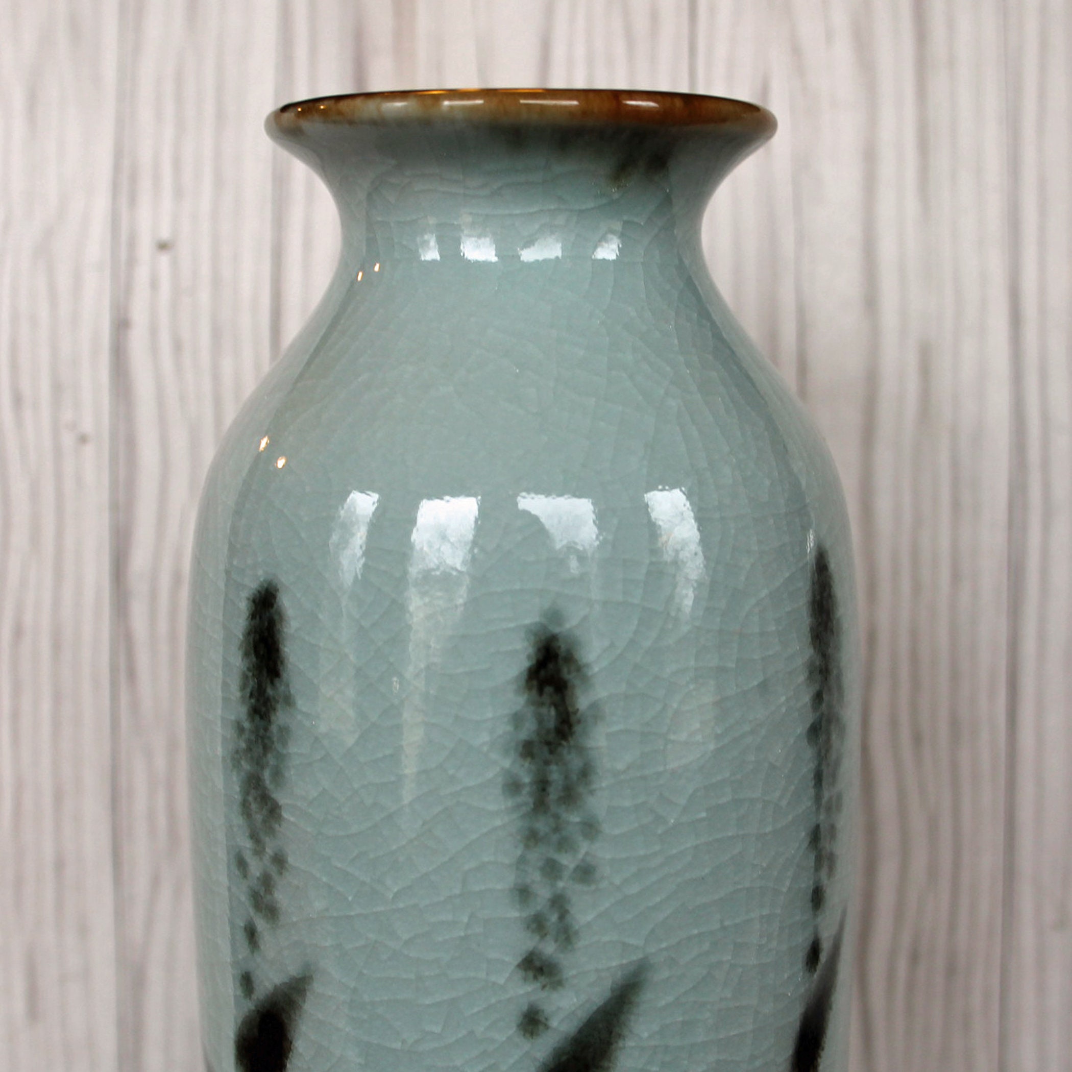Vintage Ceramic Vase Asian Inspired Blue Green Brown Leaves Bamboo ...
