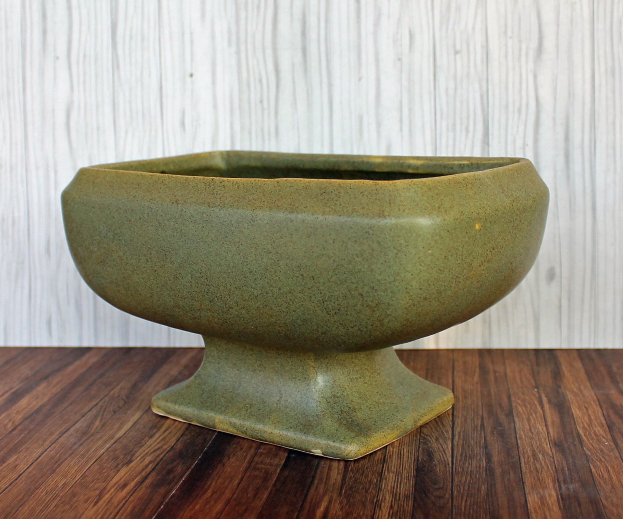 Vintage Ceramic Green Footed Planter Flowerpot Rectangular Pedestal