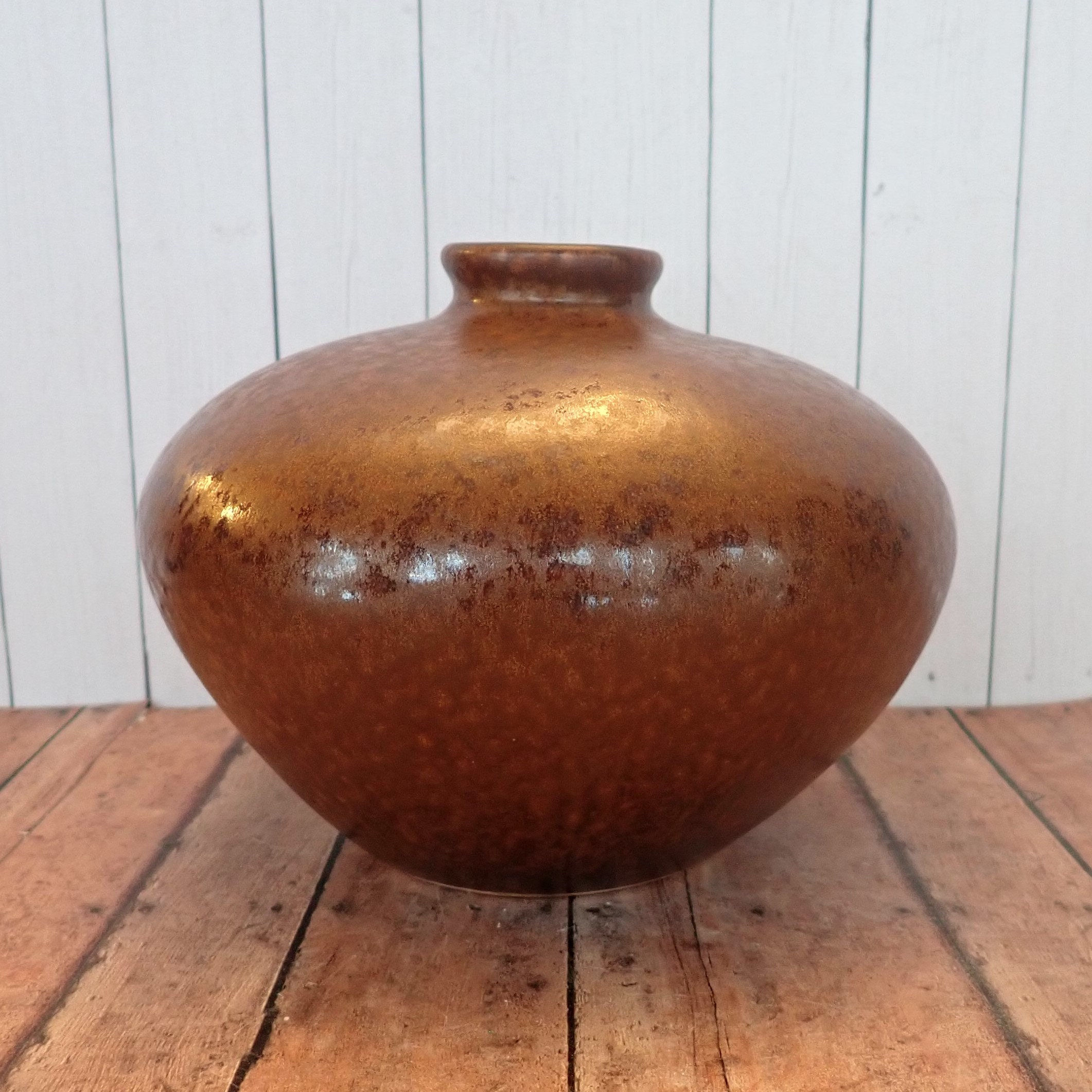 Vintage Brown Stoneware Pottery Vase Mid Century Modern Design with