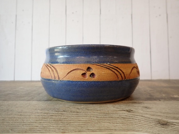 Vintage Stoneware Pottery Bowl or Planter Blue White and Tan with Etched Flower Design