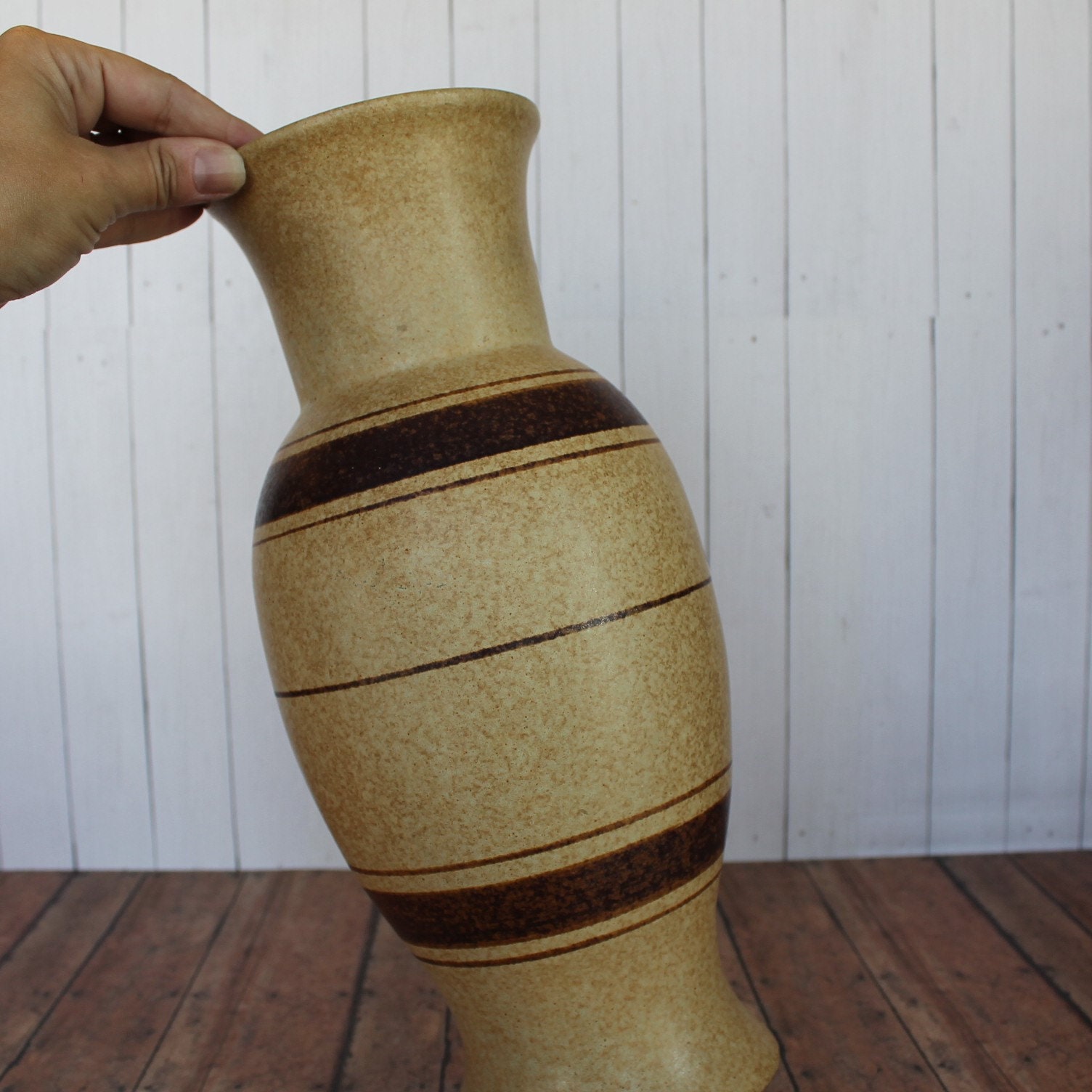 Vintage Pottery Craft USA Stoneware Large Vase Cream Yellow Tan Striped