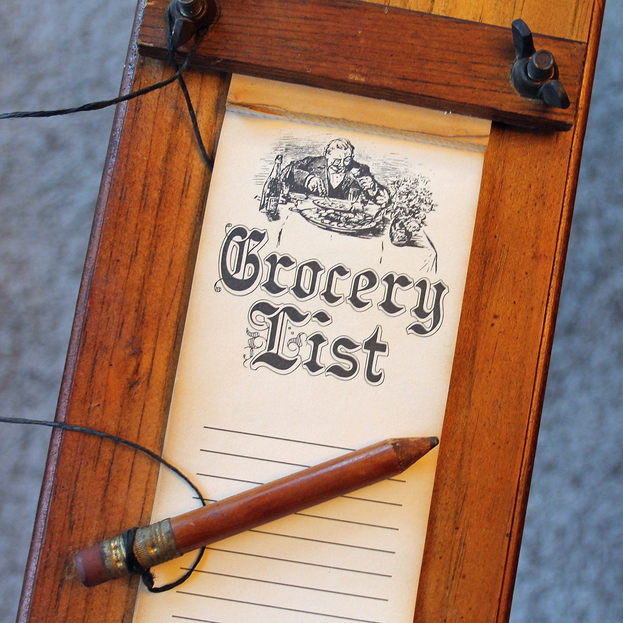 Vintage Wooden Grocery List or To Do List Holder Wall Mounted Memo