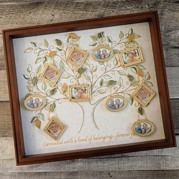 Vintage Hallmark Keepsake Family Tree Photo Frame Display Shadow Box with 10 Gold Ornaments