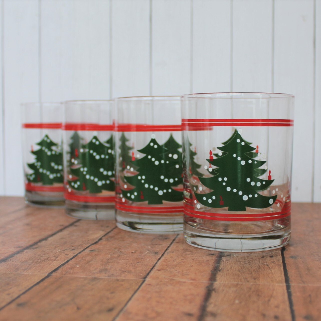 Vintage WAECHTERSBACH Christmas Tree Old Fashioned Glasses Set of 4 Clear Glass with Green