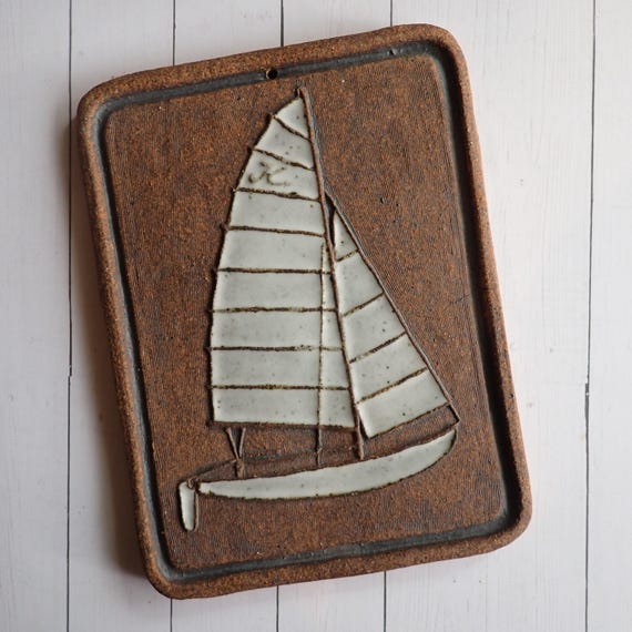 Vintage Victoria Littlejohn Stoneware Trivet Tile Brown with White Sailboat Boat Design Pottery Plaque Wall Hanging