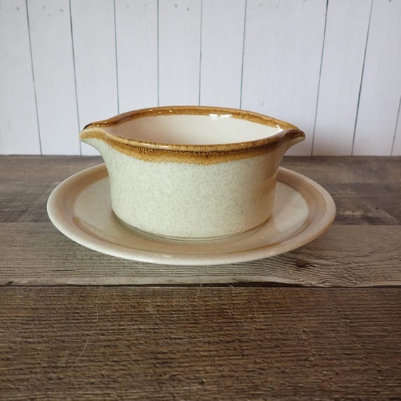 Vintage Mikasa Stone Manor Gravy Boat with Underplate Tan Stoneware with Brown Band