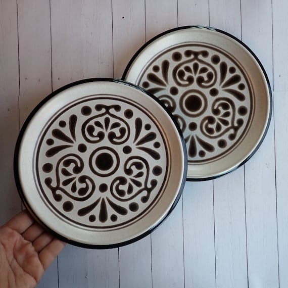 Vintage Noritake Folkstone NEW SANTA FE Salad Plate Set of 2 White Black Brown Stoneware Mid Century Modern Southwestern