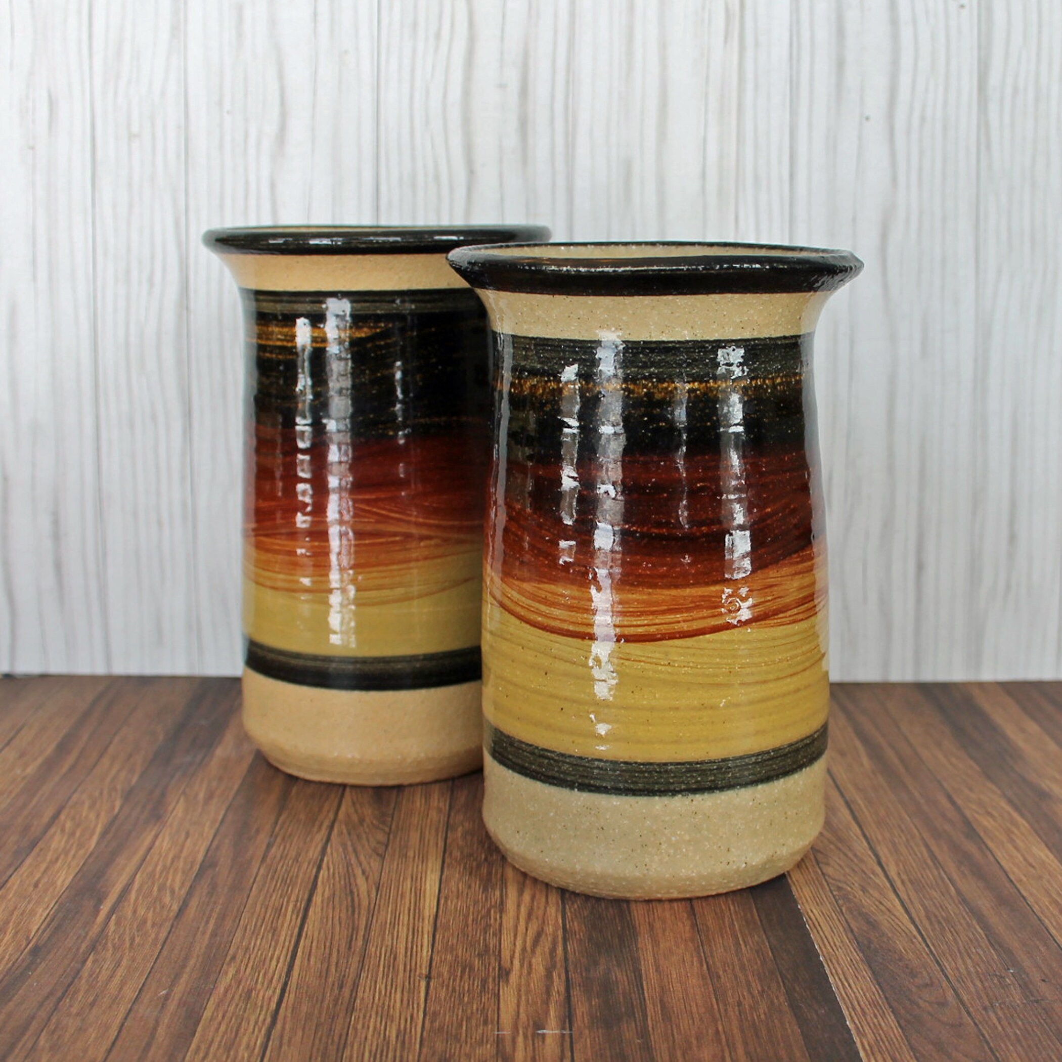 Vintage BLOOMINGTON POTTERY Vase Set of 2 Matching Vases Tan Yellow Red