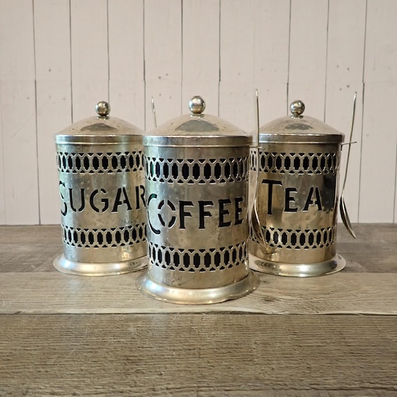 Vintage Silver Metal Canister Jar Set of 3 Coffee Tea Sugar with Cobalt Blue Liner