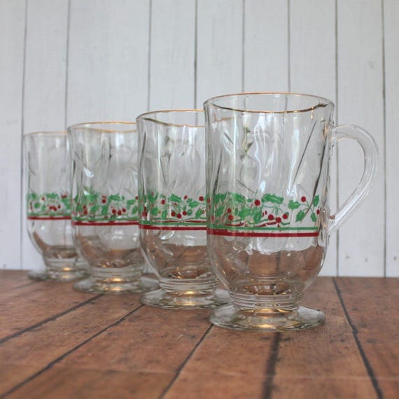 Vintage Libbey Holly Clear Glass Footed Mugs Set of 4 with Green Holly Leaf and Red Berry Design Christmas Mug