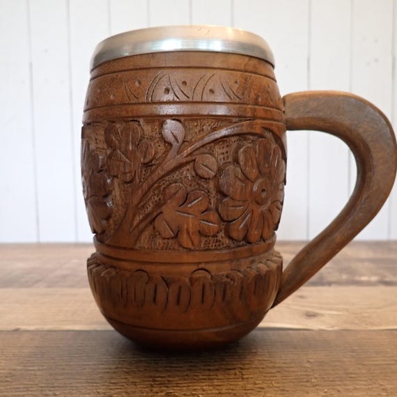 Vintage Hand Carved Wooden Mug Brown Wood Etched Floral Design Made in India