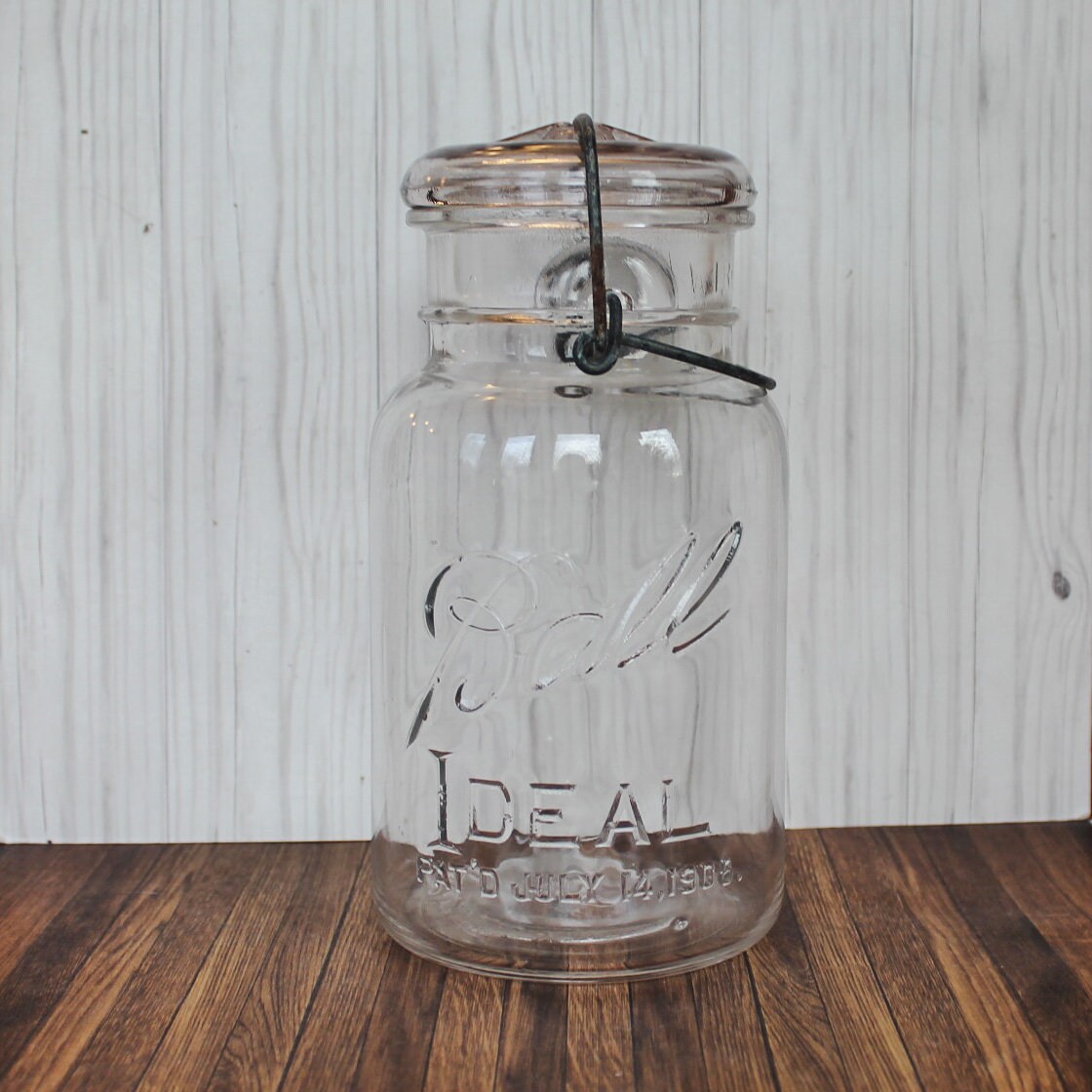 Vintage Clear Glass Ball Ideal Jar with Lid and Bail Quart Sized Mason Jar 1920's No Line Logo