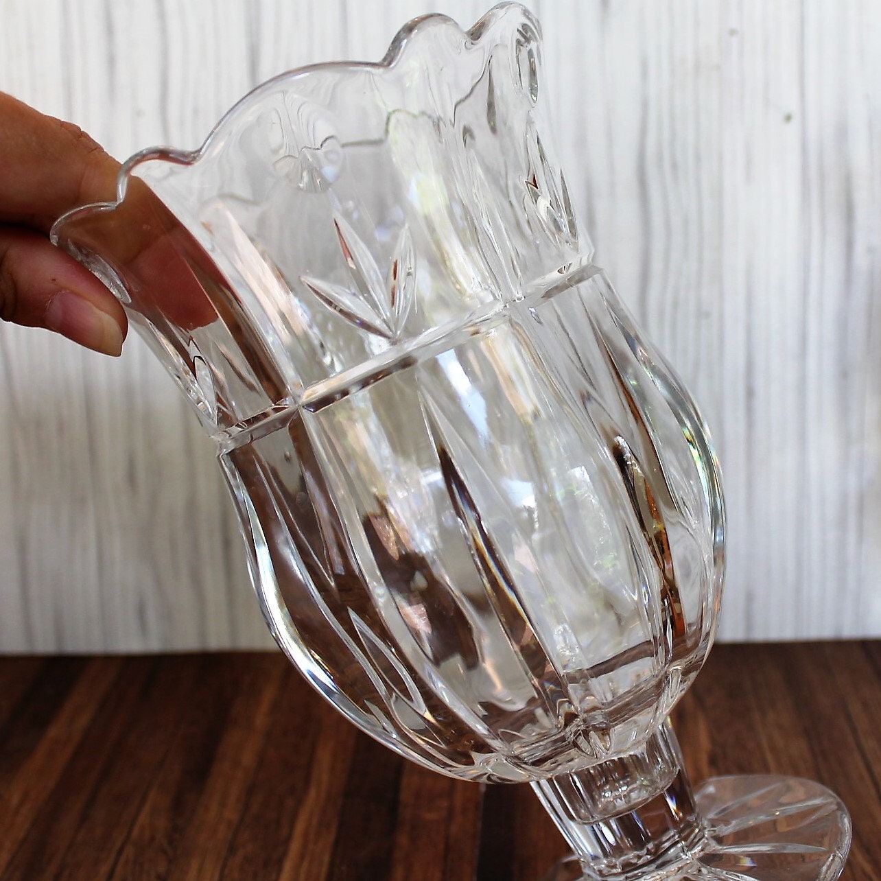 Vintage Block Crystal TULIP GARDEN Clear Glass Hurricane Vase Set of 2 Tall with Floral Flower