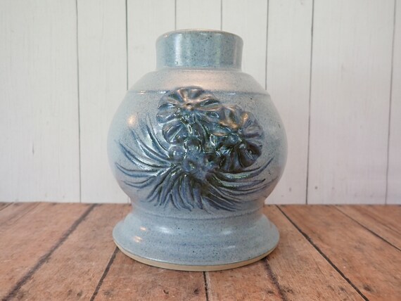 Vintage Dekrech Originals Blue Vase with Pine Cone and Pine Needle Design