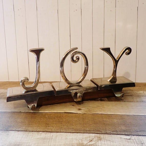 Vintage Pottery Barn Silver Metal Filagree JOY Stocking Hanger Holder Set of 3