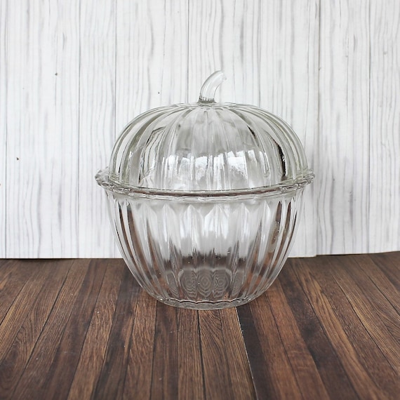 Vintage Clear Glass Apple Shaped Dish with Lid Cooke Jar Candy Dish Canister Container Kitchen Storage
