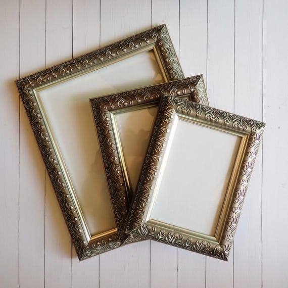 Vintage Silver Gray Photo Picture Frame Set of 3 with Scroll Floral Leaf Design 8x10 5x7 and 4x6