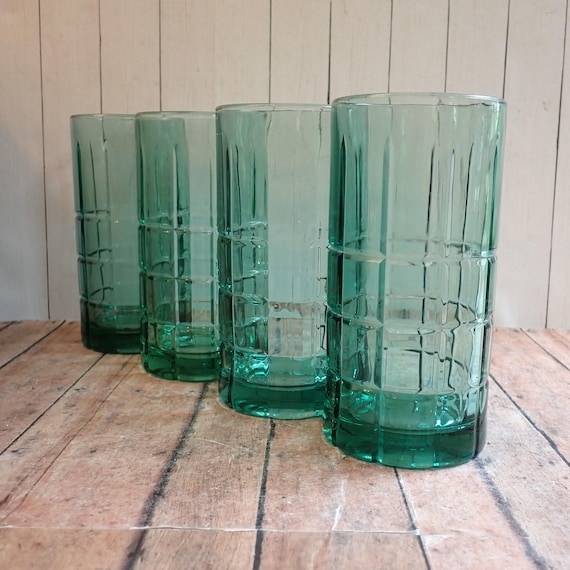 Vintage Anchor Hocking Tartan Light Green 6" Ice Tea Tumbler Set of 4 Glass with Plaid Line Pattern