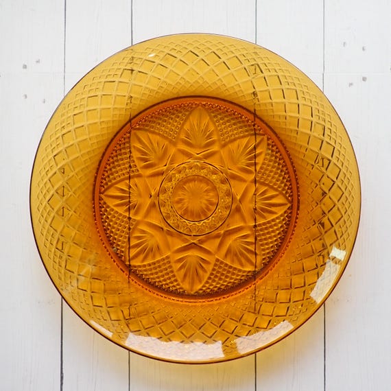 Vintage Cristal D'Arques-Durand Antique Amber 8" Luncheon Salad Plate Set of 6 Plates Floral Flower Lattice Design Made in USA Luminarc