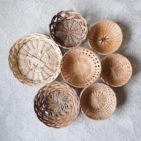Vintage Wicker Rattan Wall Basket Arrangement Set of 7 Baskets Tan and Brown Baskets Boho Decor
