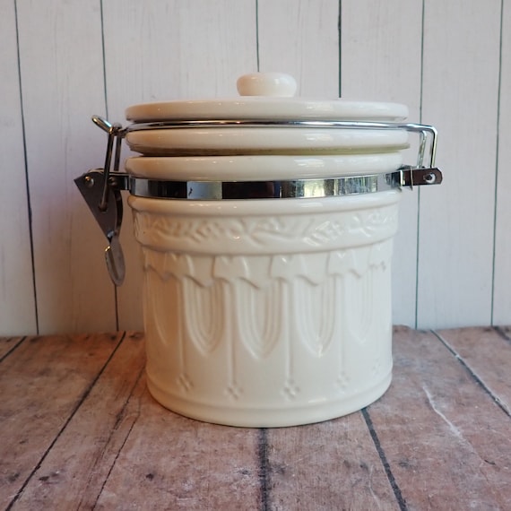 Vintage Swiss Colony White Ceramic Cheese Crock Canister with Lid and Bail with Decorative Geometric Design