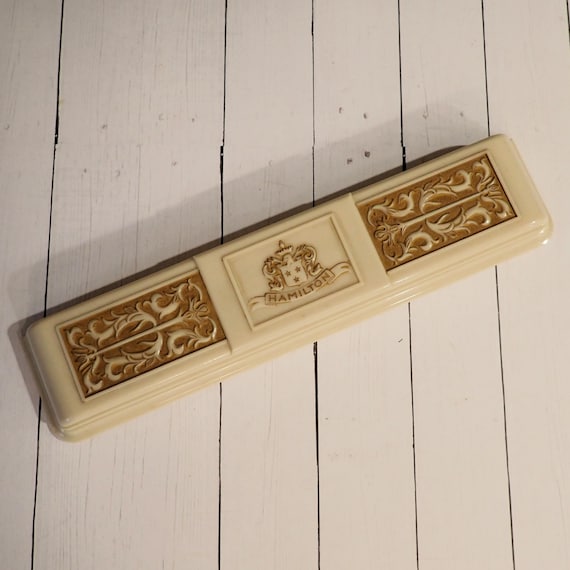 Vintage Hamilton Watch Case Cream and Gold Celluloid Presentation Case with Shield Crest Design Mid Century
