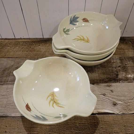 Vintage Franciscan AUTUMN Lugged Cereal Soup Bowl Set of 4 White with Blue Green Yellow Red Leaves Leaf Pattern
